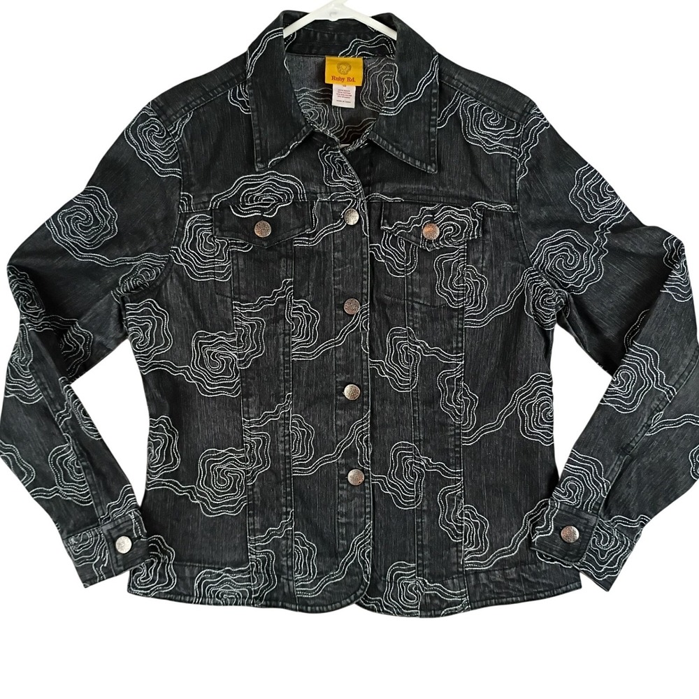 Ruby Rd Embroidered Swirl Denim Jacket Womens 10 Black White Boho Trucker Jean